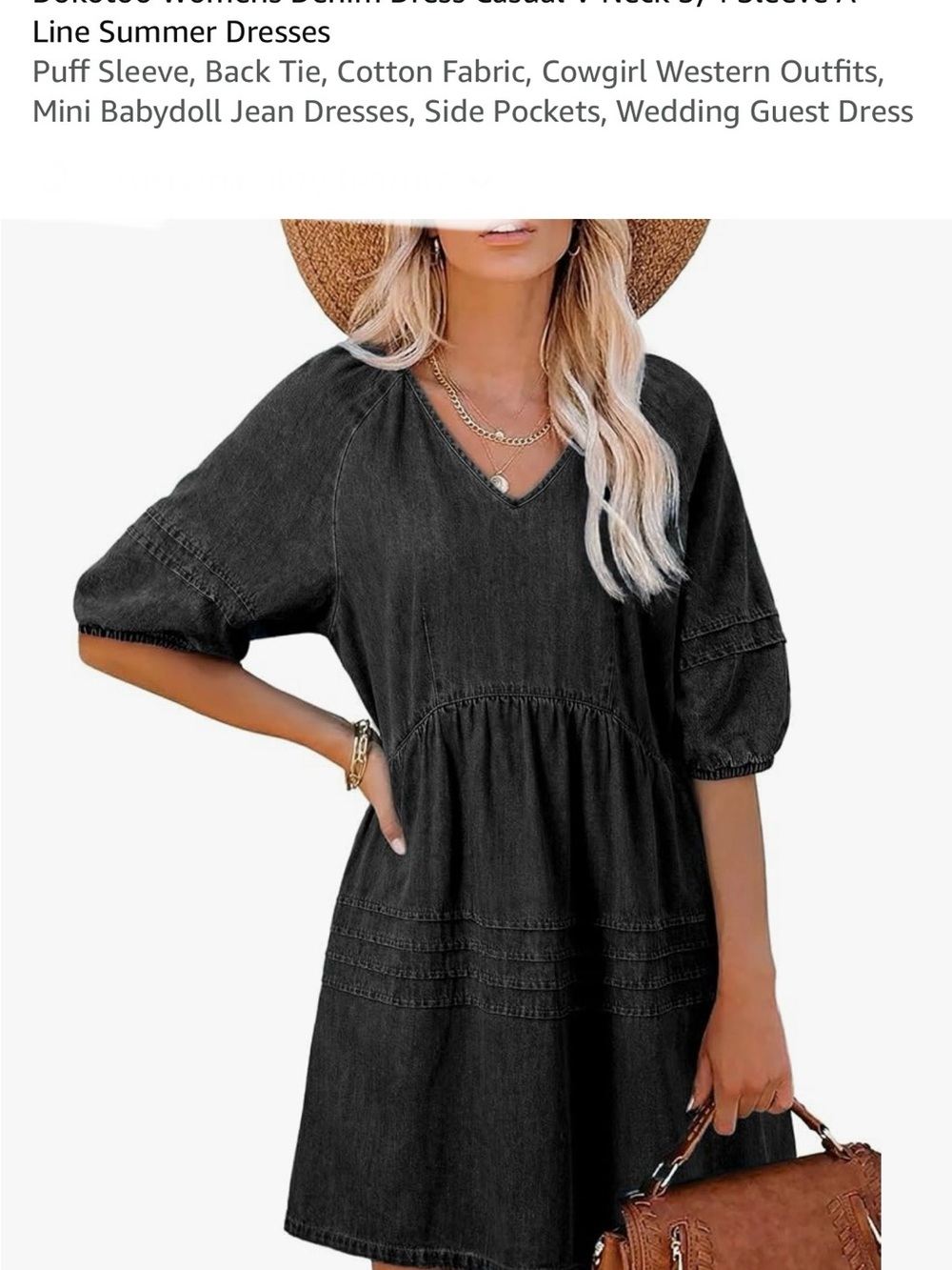 Dokotoo Women's Black Denim Babydoll Dress - Casual V-Neck Large